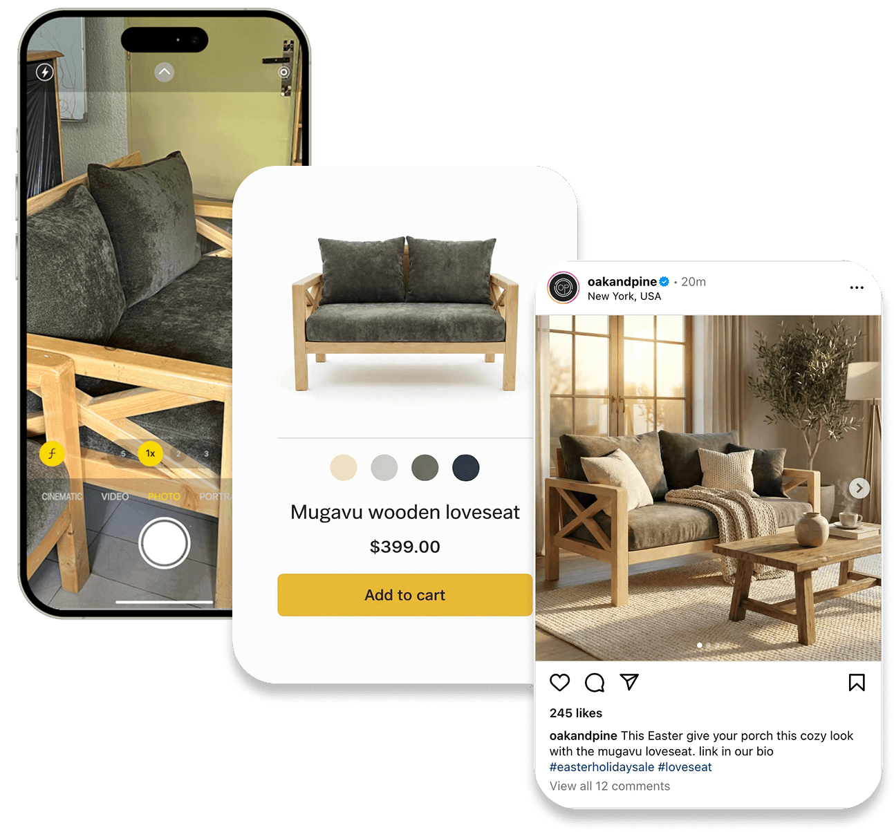 Shopferret workflow preview showing phone photo to product card and social-ready output